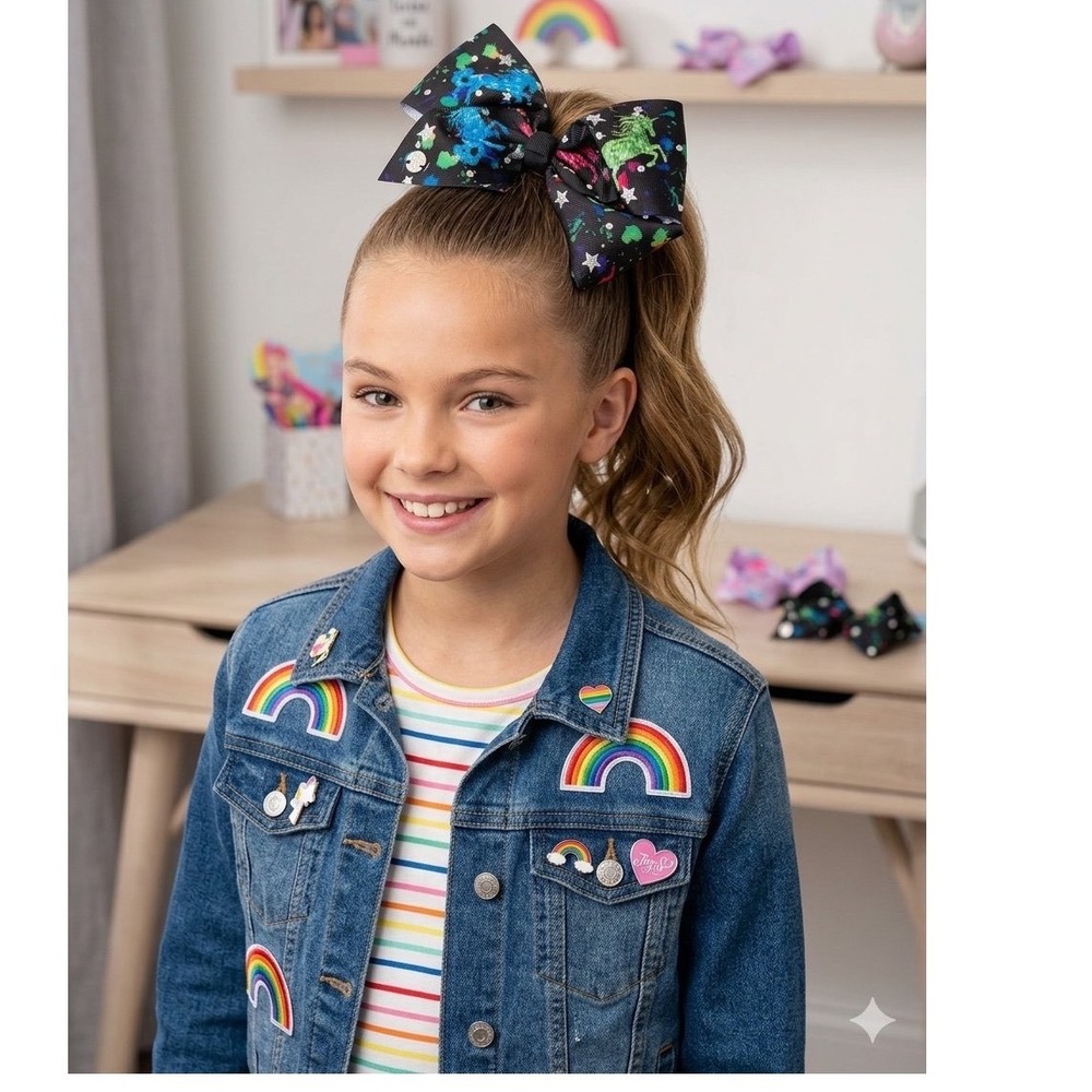 JoJo Siwa Signature Bow Black Paint Splatter Unicorn Rhinestone Hair Clip 6.5in